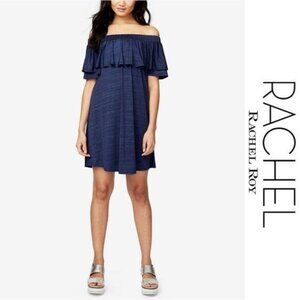 Rachel Rachel Roy NWT Women's Off Shoulder lace Ruffle mini Dress Navy Size L